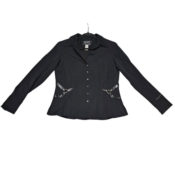 Vex Womens Black Button-Up Blouse With Decorative Ribbon & Pearl Accents - Picture 3 of 8